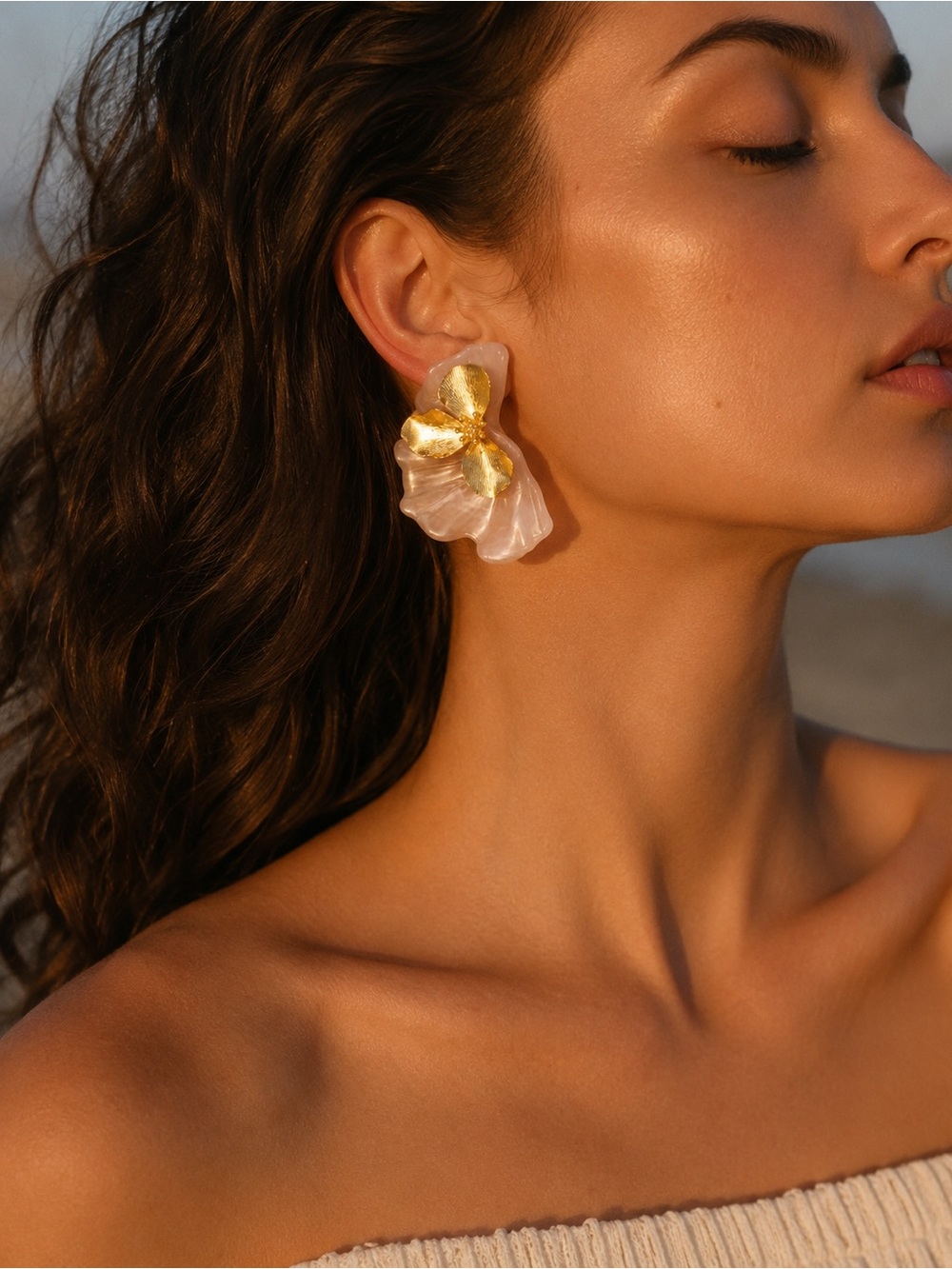 Blush Resin Flower Statement Earrings | 18K PVD Gold Plated Stainless Steel | - Picture 3 of 4